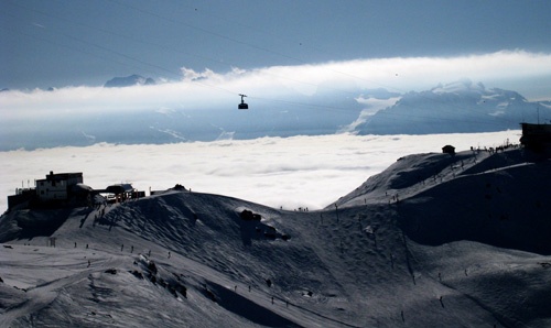 View of the Mont Gele cable car and Mont Blanc Verbier