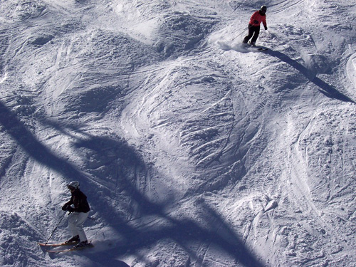 2 Skiers in a mogul field underneath Copper's S-lift